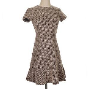 LOFT Jacquard Tan/Navy Flounce Hem A-Line Dress